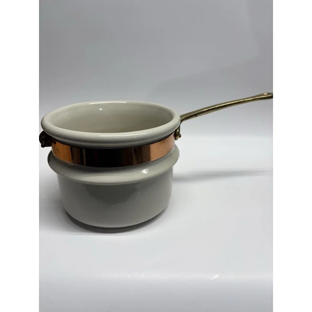 Vintage Metalitol Portugal Ceramic Saucepan Copper Band Brass‎ Handle MCM Pot
